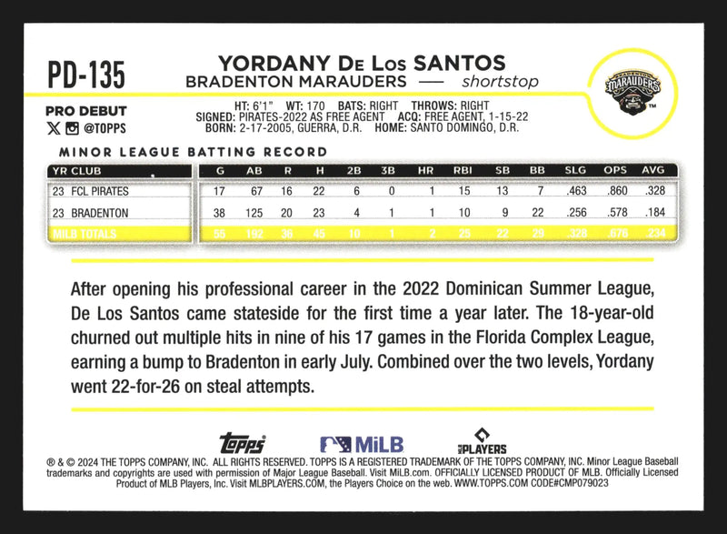 2024 Topps Pro Debut #PD-135 Yordany De Los Santos Bradenton Marauders