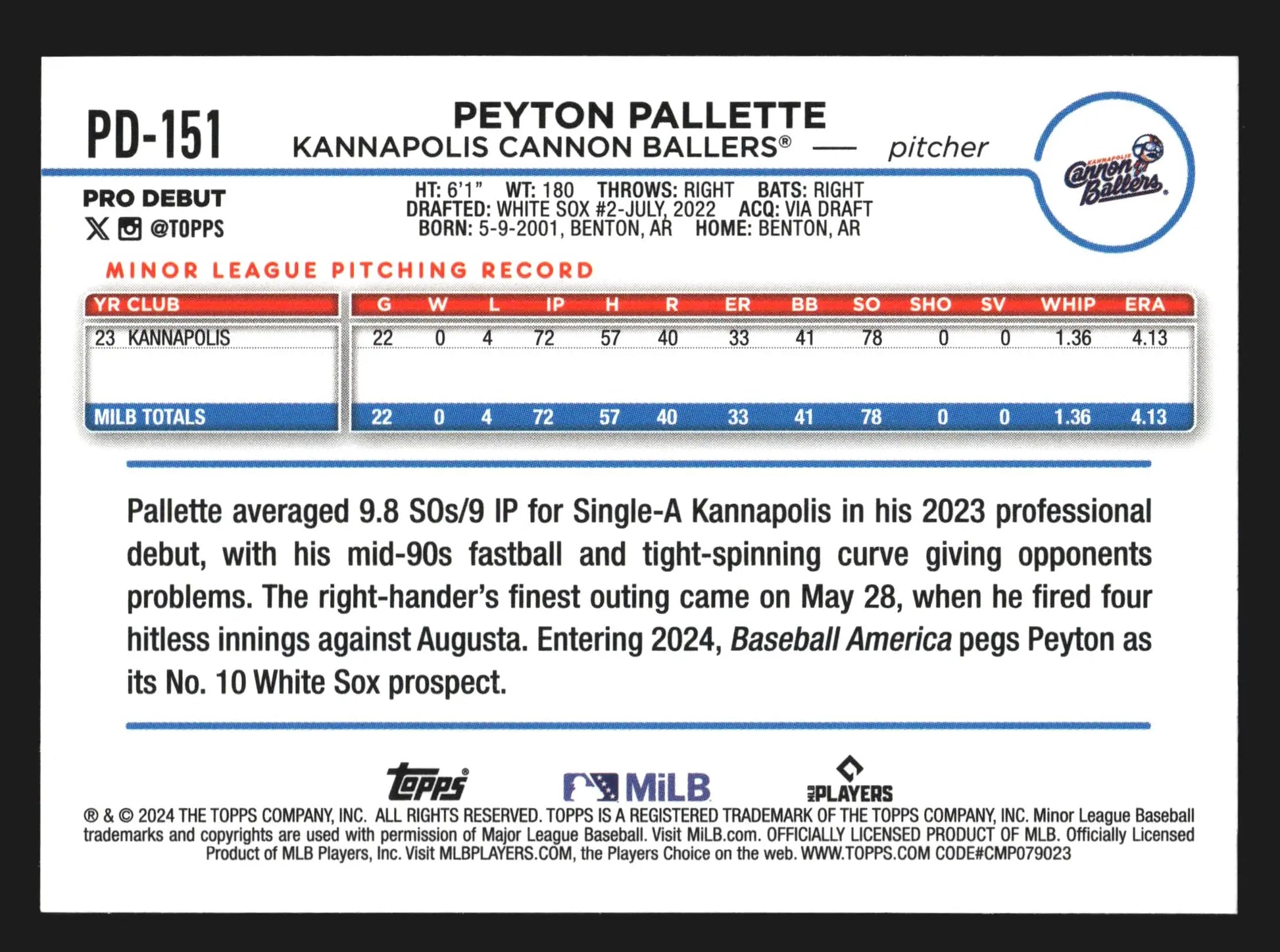 2024 Topps Pro Debut #PD-151 Peyton Pallette Kannapolis White Sox - Baseball Card Single