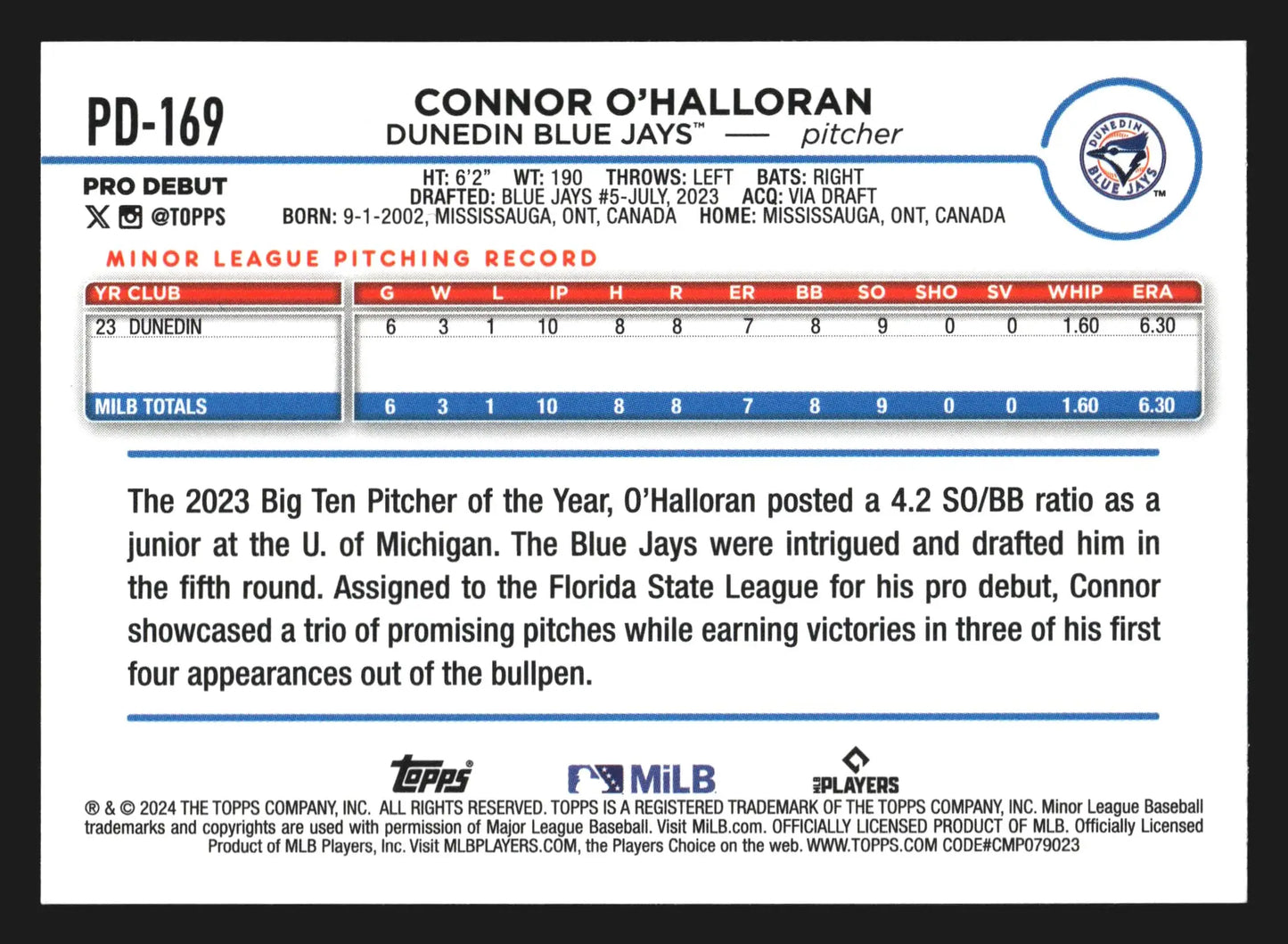 2024 Topps Pro Debut #PD-169 Connor O’Halloran Dunedin Blue Jays - Baseball Card Single