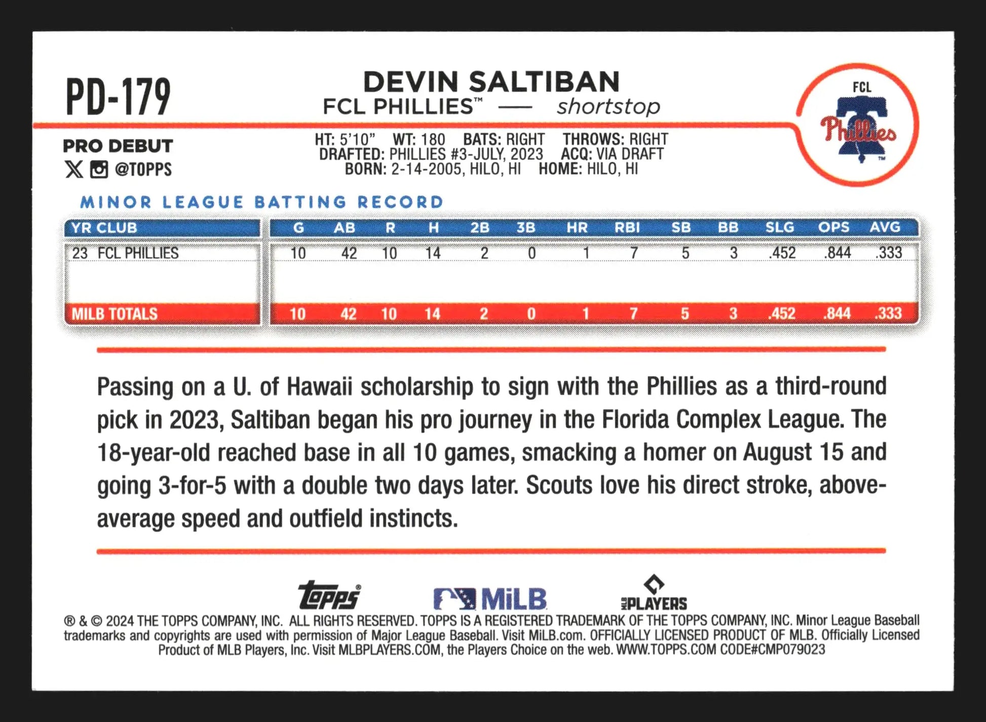 2024 Topps Pro Debut #PD-179 Devin Saltiban FCL Phillies - Baseball Card Single