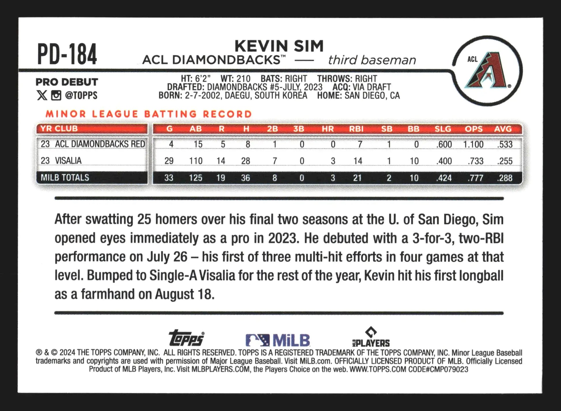 2024 Topps Pro Debut #PD-184 Kevin Sim ACL Diamondbacks - Baseball Card Single