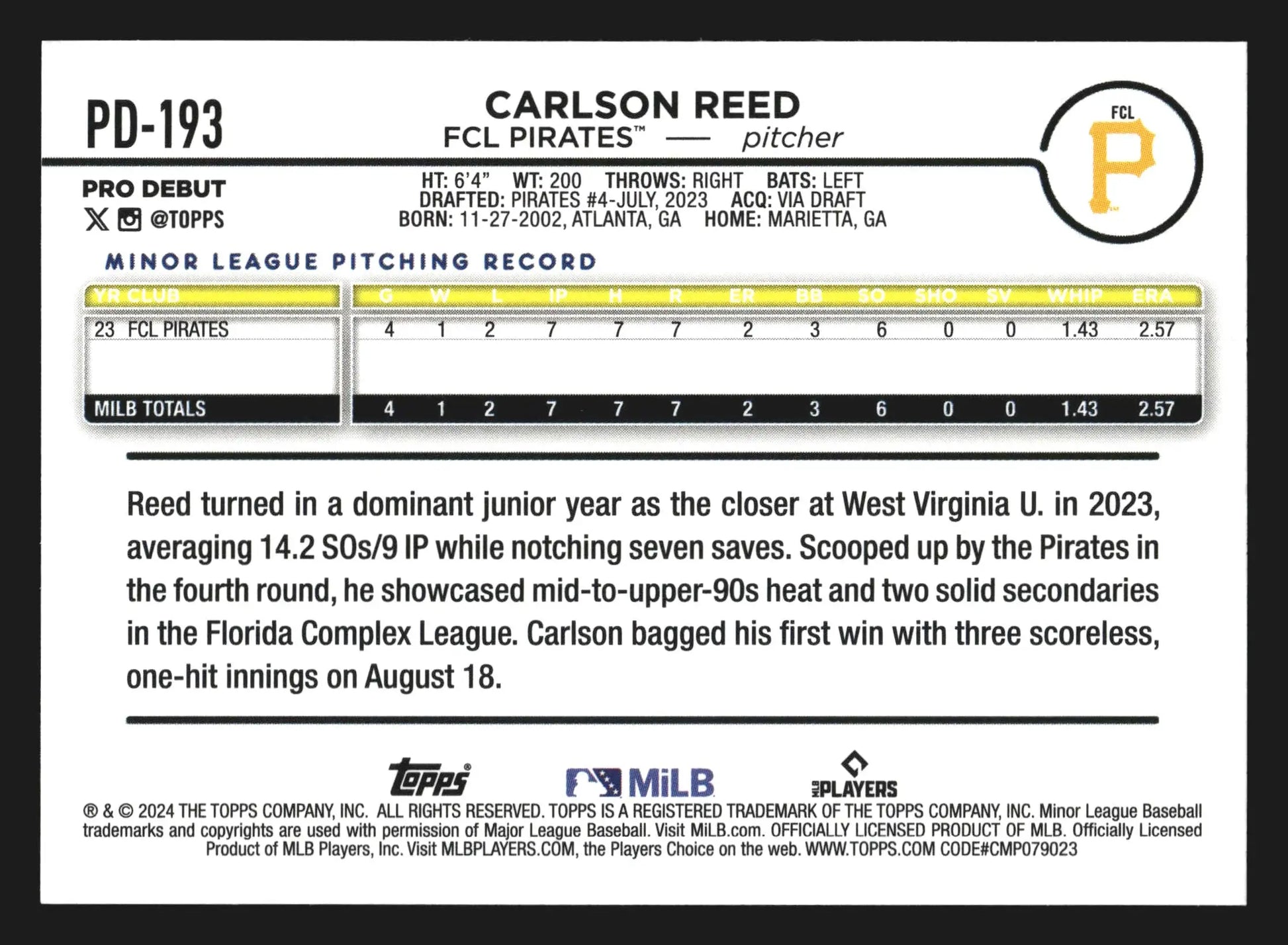 2024 Topps Pro Debut #PD-193 Carlson Reed FCL Pirates - Baseball Card Single