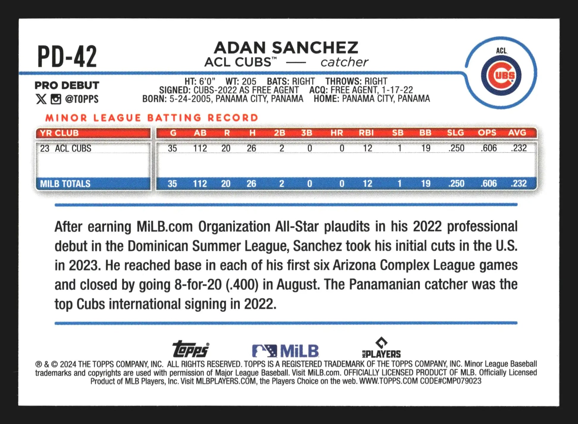 2024 Topps Pro Debut #PD-42 Adan Sanchez ACL Cubs - Baseball Card Single
