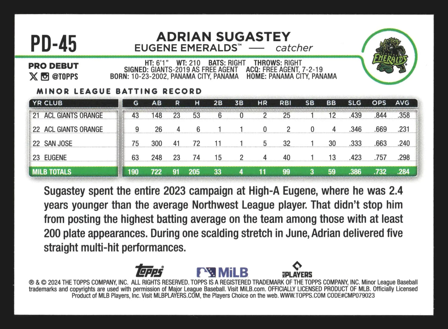 2024 Topps Pro Debut #PD-45 Adrian Sugastey Eugene Emeralds Giants - Baseball Card Single