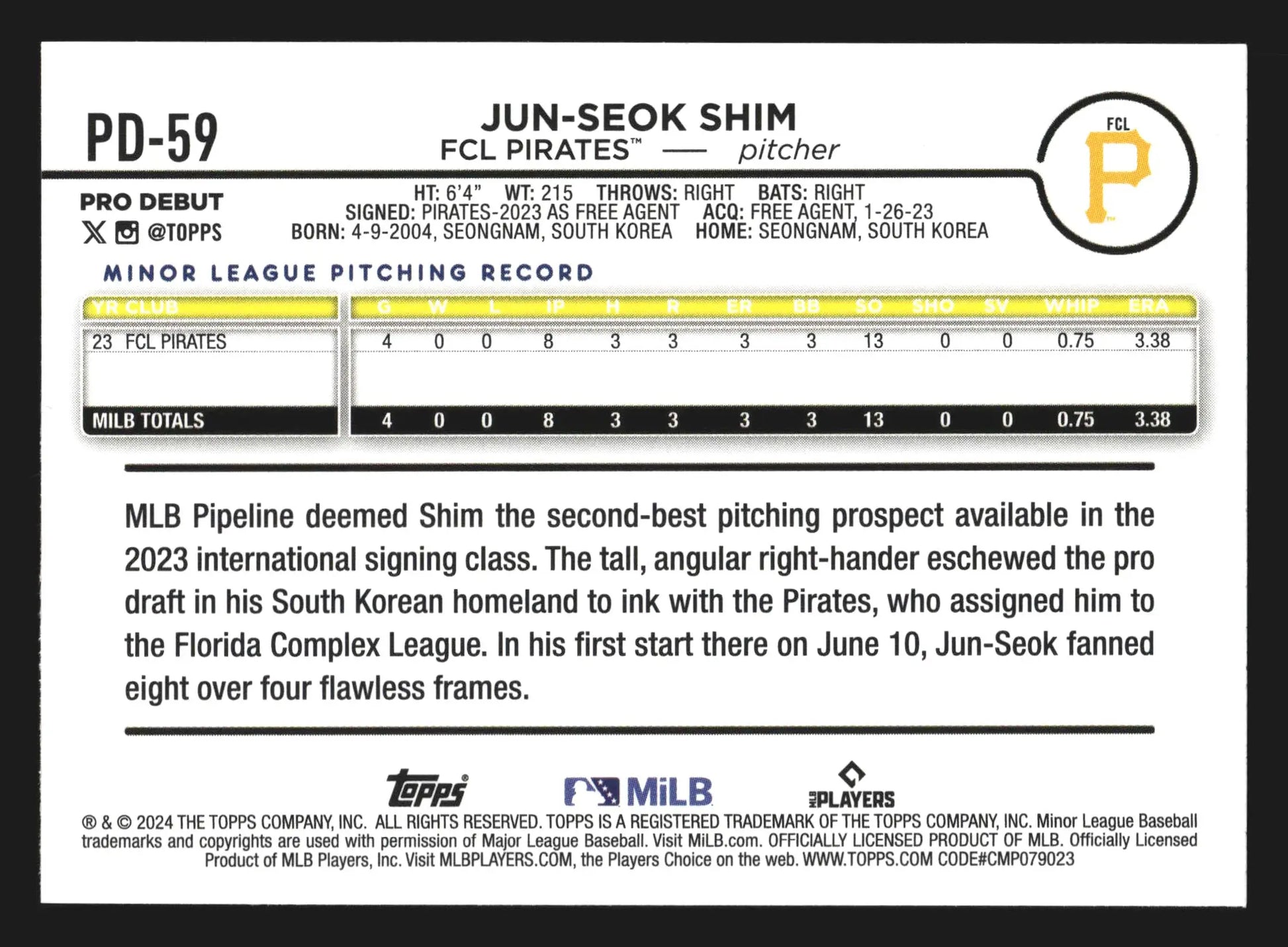 2024 Topps Pro Debut #PD-59 Jun-Seok Shim FCL Pirates - Baseball Card Single