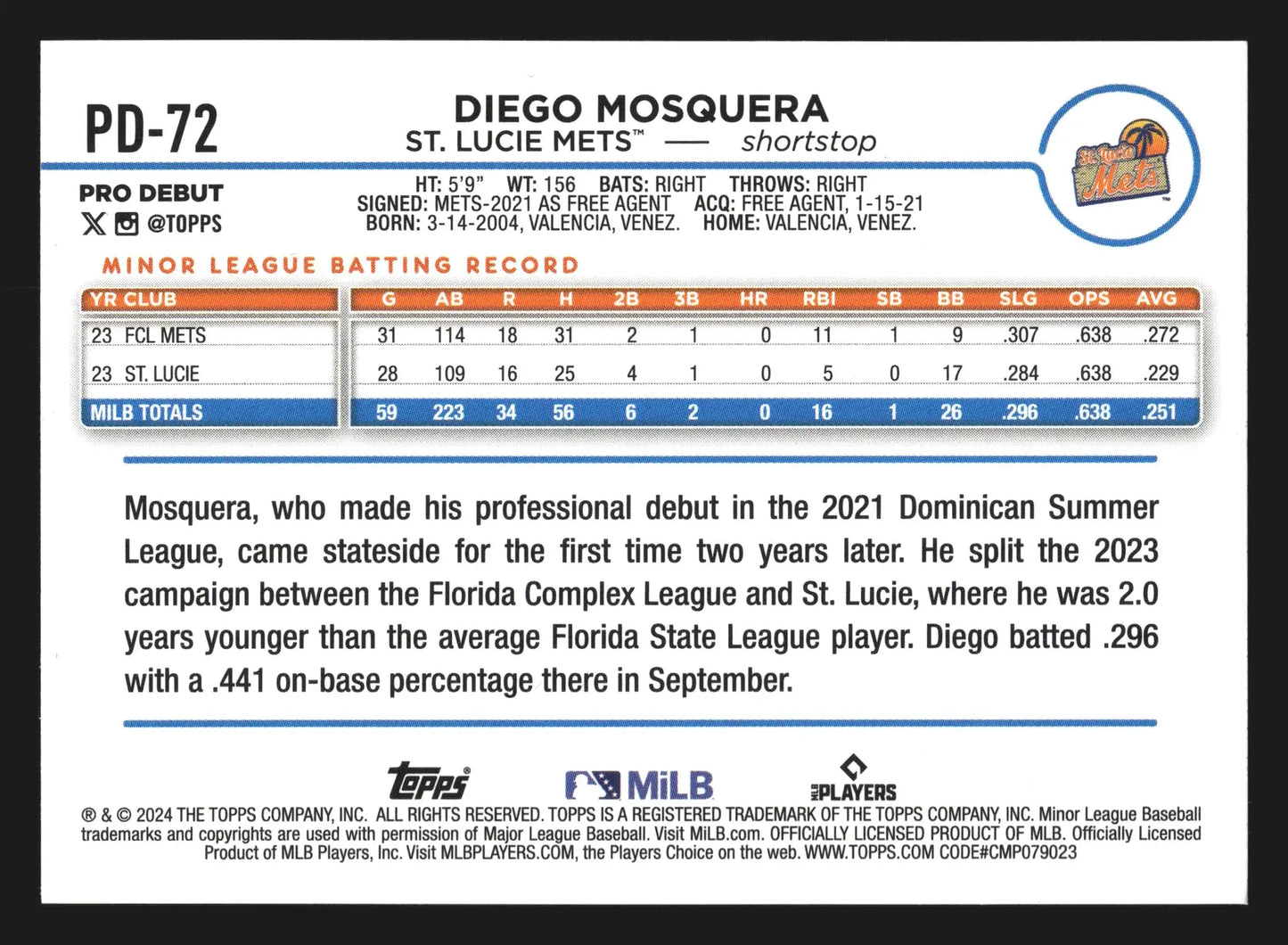 2024 Topps Pro Debut #PD-72 Diego Mosquera St. Lucie Mets - Baseball Card Single