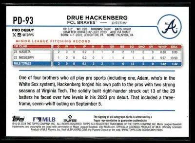2024 Topps Pro Debut #PD-93 Drue Hackenberg Autographs - Baseball Card Single