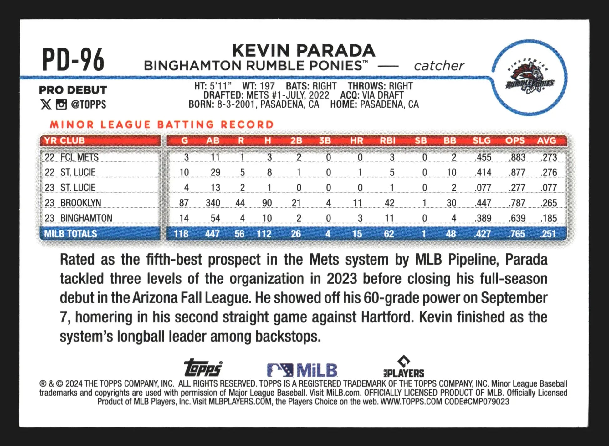 2024 Topps Pro Debut #PD-96 Kevin Parada Binghamton Rumble Ponies Mets - Baseball Card Single