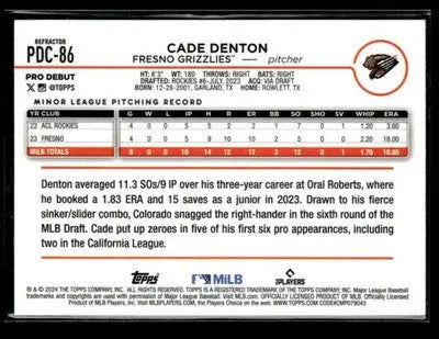 2024 Topps Pro Debut #PDC-86 Cade Denton Chrome Refractor #/99 - Baseball Card Single