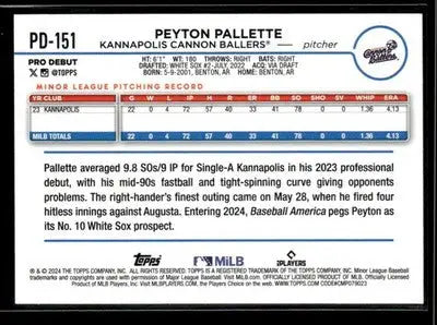 2024 Topps Pro Debut Peyton Pallette #PD-151 Kannapolis Cannon Ballers