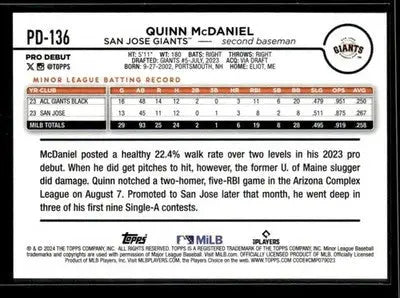 2024 Topps Pro Debut Quinn McDaniel #PD-136 San Jose Giants
