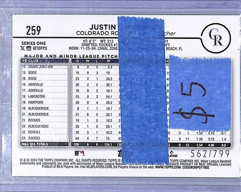 2024 Topps Purple #259 Justin Lawrence NM-MT 562/799 Colorado Rockies - Baseball Card Single