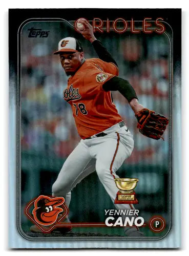 Yennier Cano baseball card from 2024 Topps Rainbow Foil series featuring Orioles team