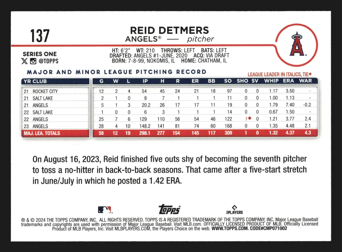 2024 Topps Reid Detmers #137 Los Angeles Angels - Baseball Card Single