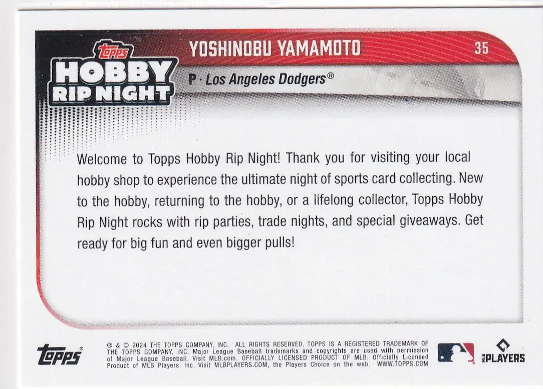2024 TOPPS RIP NIGHT #35 YOSHINOBU YAMAMOTO- LOS ANGELES DODGERS - Baseball Card Single