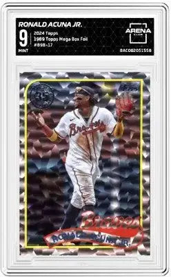 A graded Ronald Acuña Jr. baseball trading card from 2024 Topps Mega Box Foil Arena Club