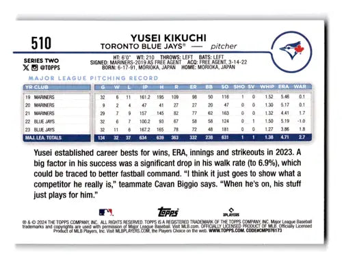 Yusei Kikuchi baseball card from 2024 Topps Royal Blue series, Blue Jays ID:71250