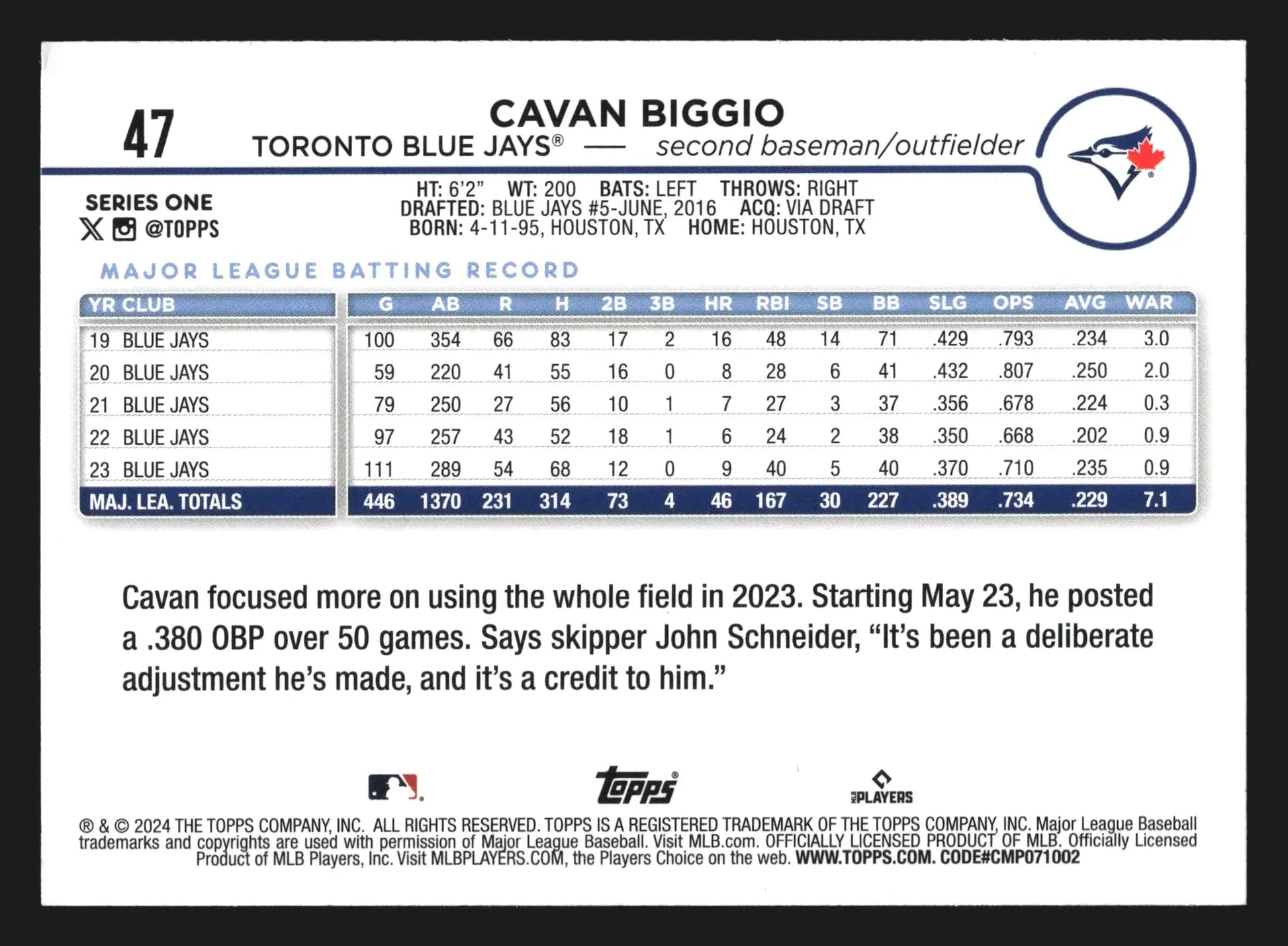 2024 Topps Series 1 #47 Cavan Biggio Toronto Blue Jays