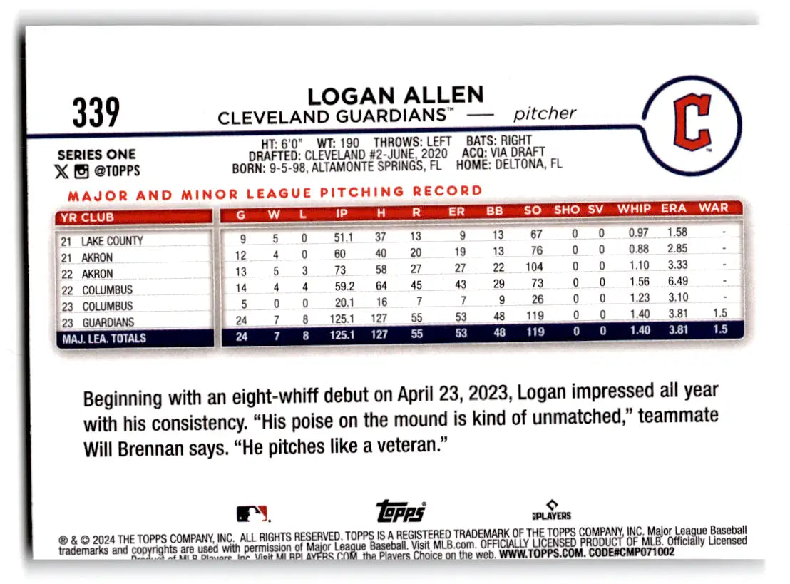 2024 Topps Series 1 Baseball Logan Allen #339 Cleveland Guardians - Baseball Card Single