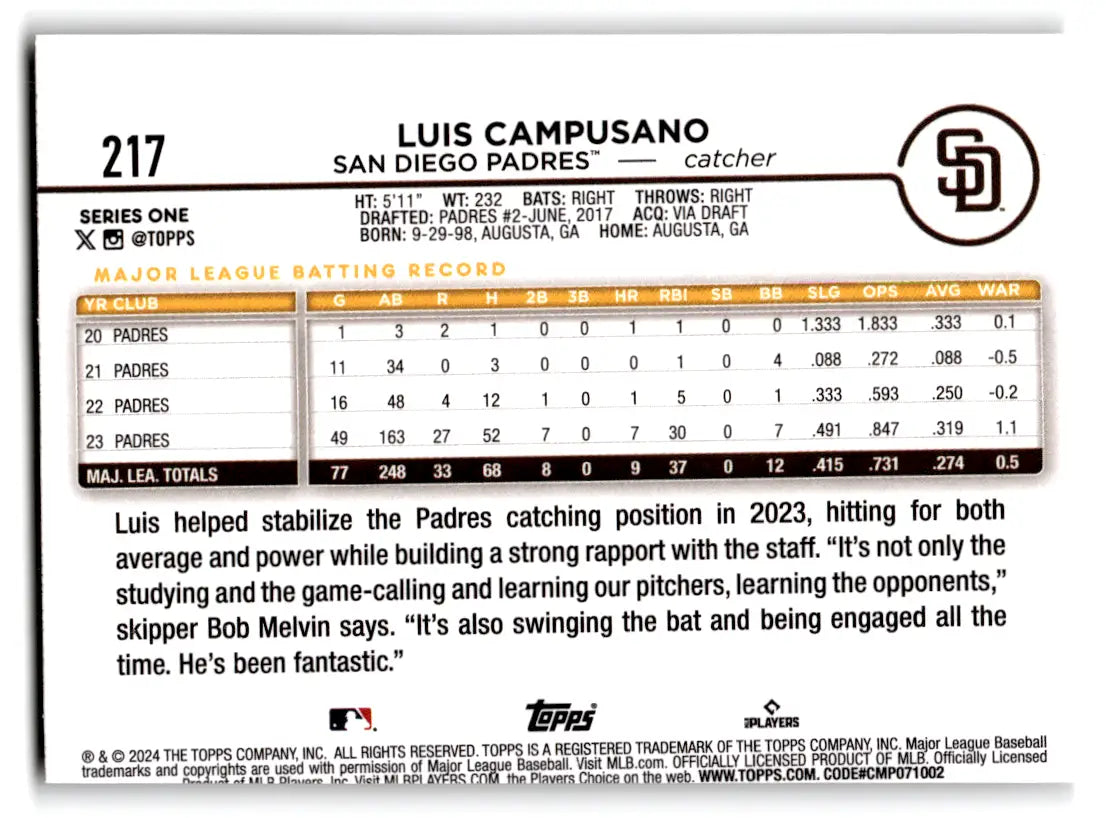 2024 Topps Series 1 Baseball Luis Campusano #217 San Diego Padres - Baseball Card Single