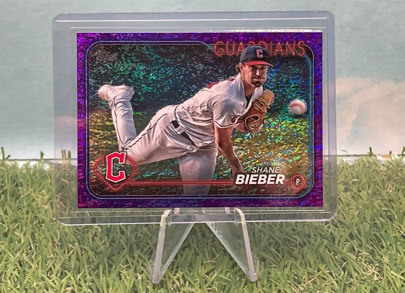 Shane Bieber Purple Foilboard baseball card from 2024 Topps Series for Cleveland Guardians