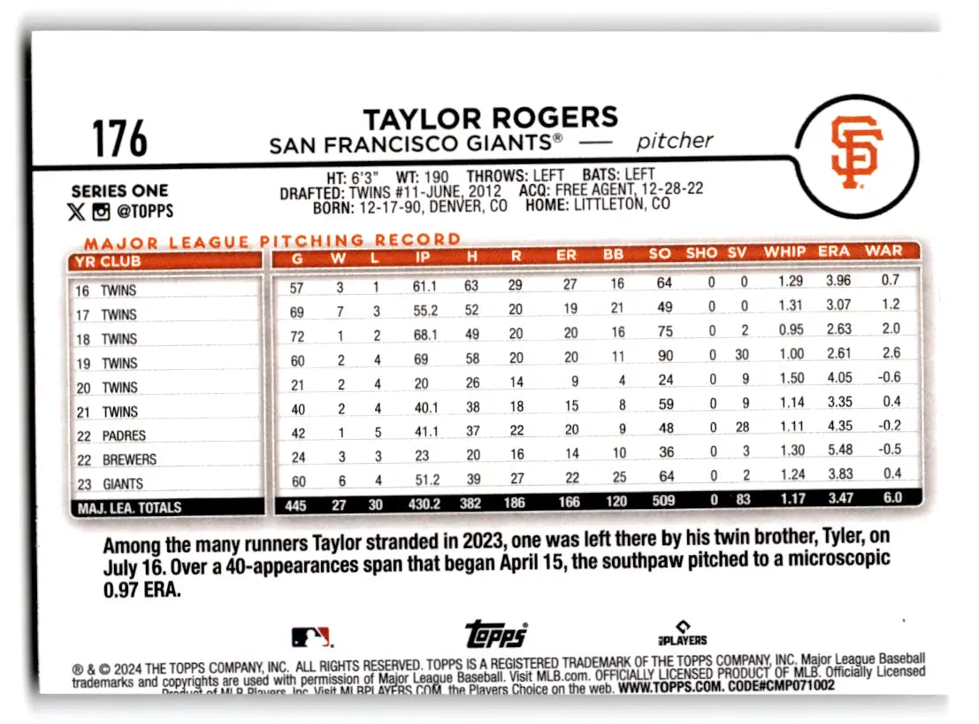 2024 Topps Series 1 Baseball Taylor Rogers #176 San Francisco Giants - Baseball Card Single