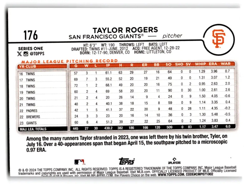 2024 Topps Series 1 Baseball Taylor Rogers #176 San Francisco Giants - Baseball Card Single