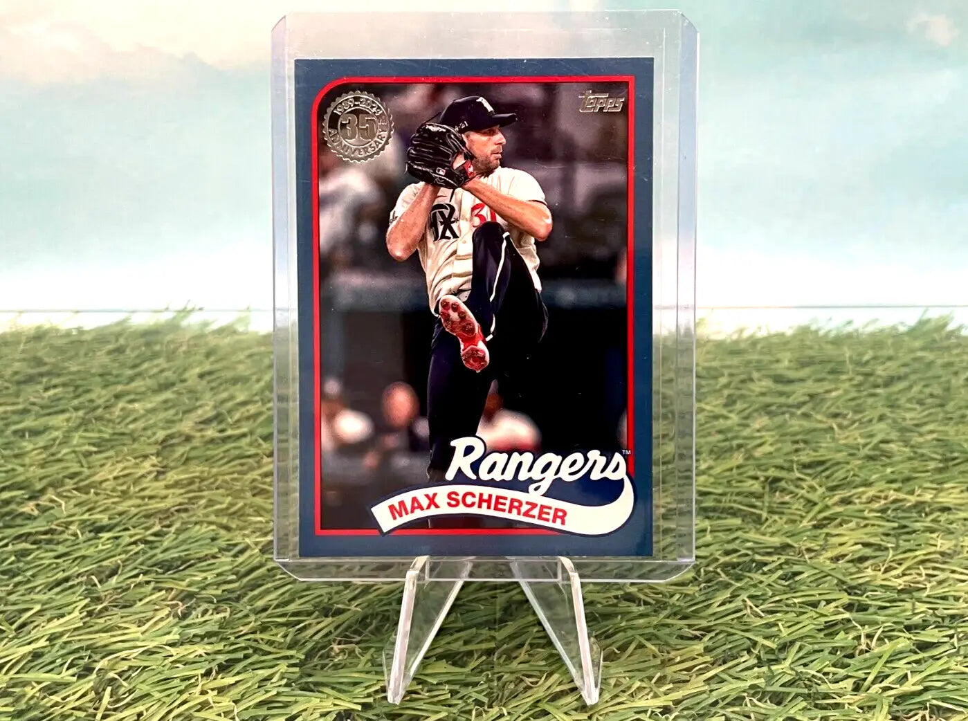 Max Scherzer 35th anniversary blue baseball trading card from 2024 Topps Series 1