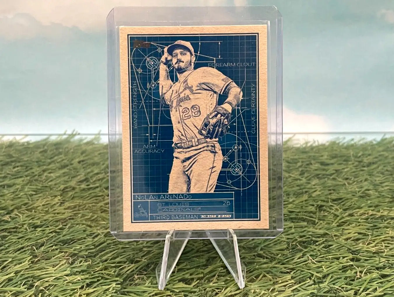 Baseball card in protective case showcasing Nolan Arenado Superstar Blueprint St. Louis Cardinals