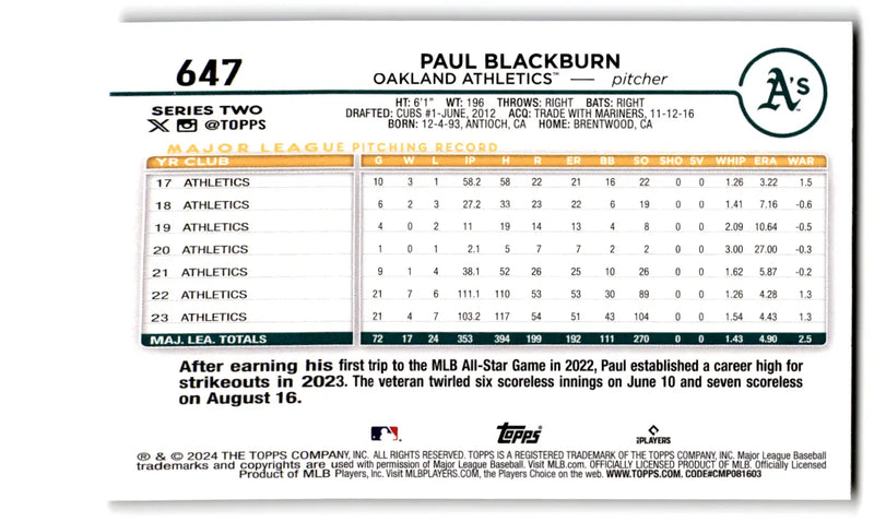 2024 Topps Series 2 Baseball Paul Blackburn trading card featuring Summer Holiday design