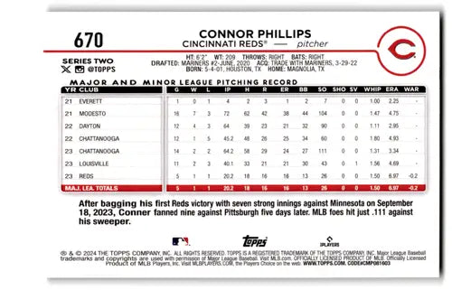 2024 Topps Series 2 Baseball #670 Connor Phillips RC Reds Summer Holiday - Baseball Card Single