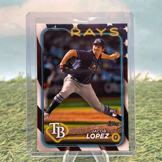 Jacob Lopez baseball card from 2024 Topps Independence Day parallel for Tampa Bay Rays