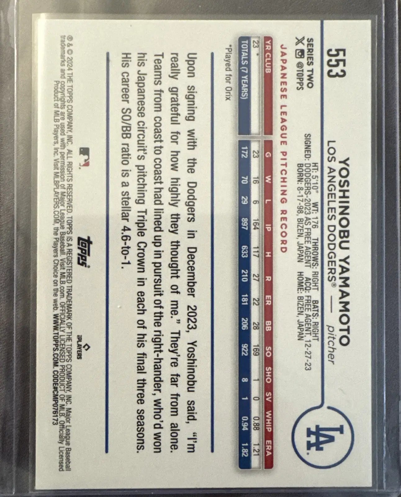 2024 Topps Series 2 Yoshinobu Yamamoto Royal Blue Rookie #553 Dodgers - Baseball Card Single