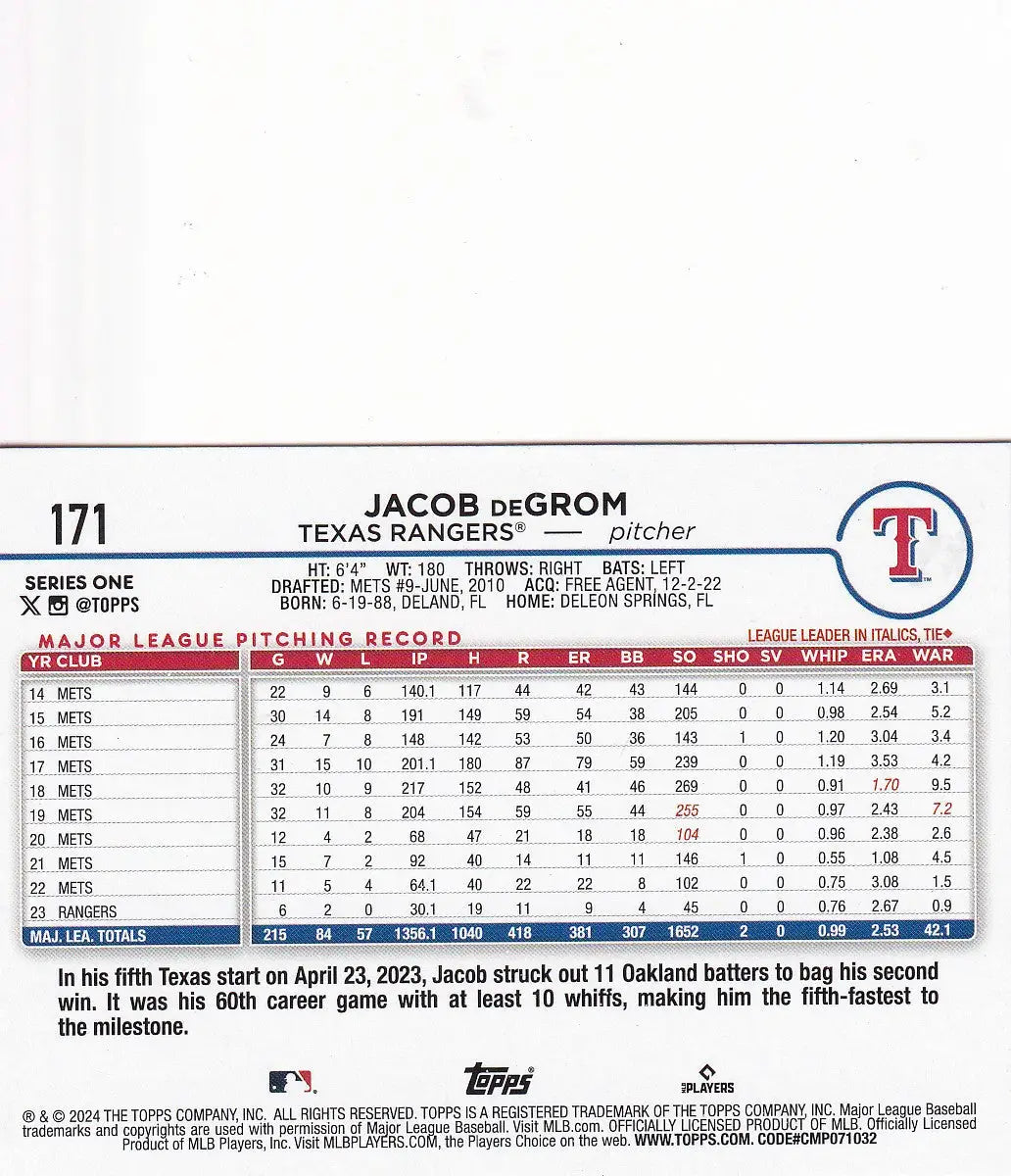 2024 TOPPS SERIES ONE #171 JACOB DEGROM TEAM BOARDER- TEXAS RANGERS - Baseball Card Single