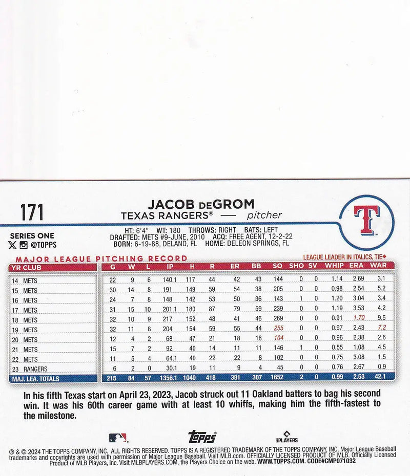 2024 TOPPS SERIES ONE #171 JACOB DEGROM TEAM BOARDER- TEXAS RANGERS - Baseball Card Single
