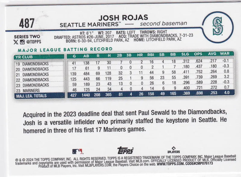2024 TOPPS SERIES TWO #487 JOSH ROJAS REFRACTOR- SEATTLE MARINERS - Baseball Card Single