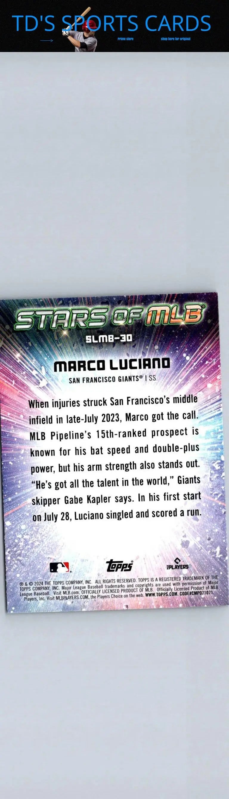 Marco Luciano baseball card from 2024 Topps Stars of MLB series featuring Luciano stars