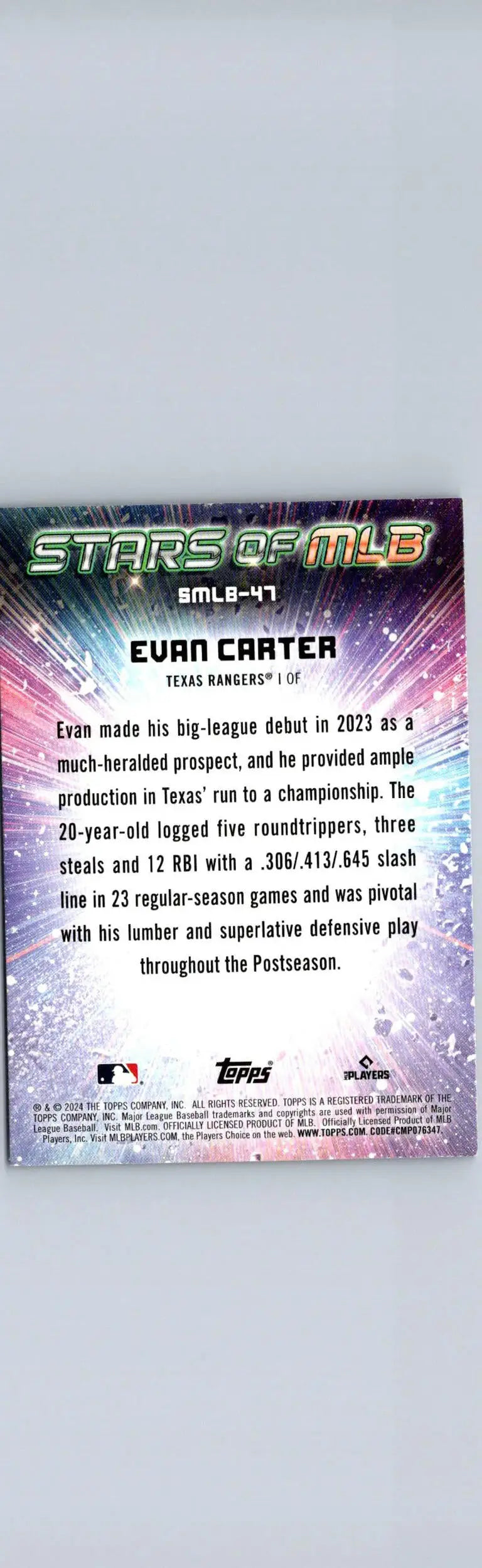 Baseball card featuring Evan Carter Stars of MLB Red from 2024 Topps series