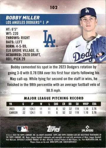 2024 Topps Stadium Club #102 Bobby Miller NM-MT Dodgers ID:75262 - Baseball Card Single