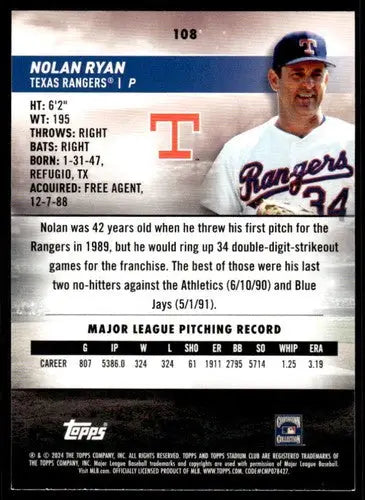 2024 Topps Stadium Club Nolan Ryan baseball card with original gloss Rangers ID 75264