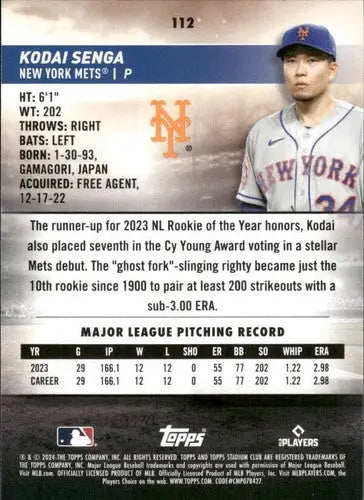 Original gloss Kodai Senga baseball card from Topps Stadium Club 2024 Mets series