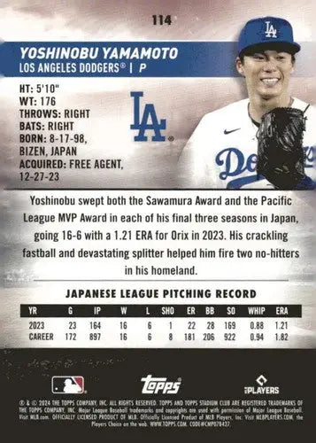 2024 Topps Stadium Club #114 Yoshinobu Yamamoto NM-MT RC Rookie Dodgers ID:75267 - Baseball Card Single