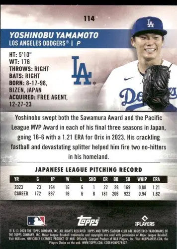 Yoshinobu Yamamoto baseball card from 2024 Topps Stadium Club featuring Willy Adames Bros ID 75268