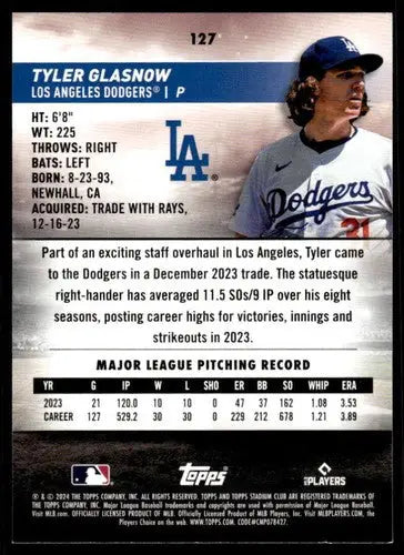 2024 Topps Stadium Club Tyler Glasnow baseball card NM-MT Dodgers ID 75270