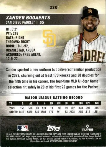 Original gloss Baseball card featuring Xander Bogaerts with player stats from Topps Stadium Club