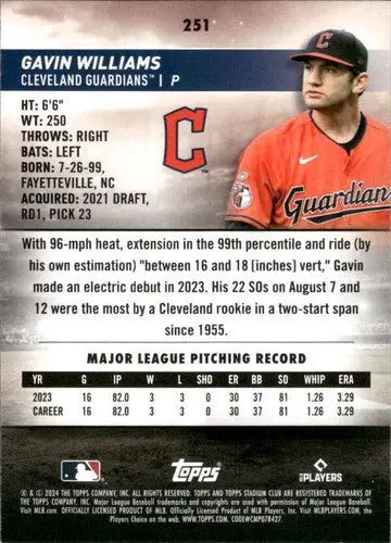 Gavin Williams baseball card with original gloss from 2024 Topps Stadium Club