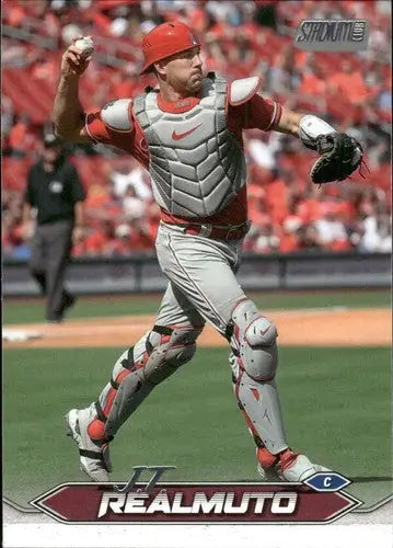 Baseball catcher throwing ball at a game in the 2024 Topps Stadium Club series