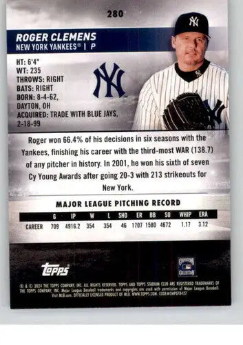 2024 Topps Stadium Club #280 Roger Clemens NM-MT Yankees ID:75309 - Baseball Card Single