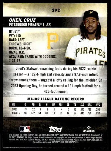 Original gloss 2024 Topps Stadium Club Oneil Cruz baseball card Pirates ID 75312