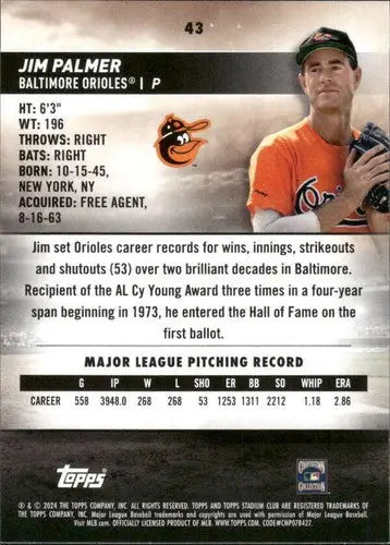 Jim Palmer baseball card from 2024 Topps Stadium Club with original gloss Orioles ID 75244